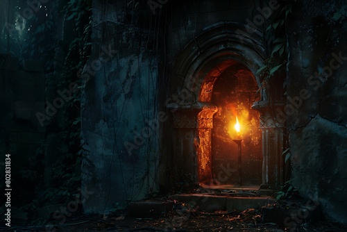 A torch lighting up a forgotten tomb's entrance