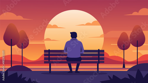A solitary figure perched on a park bench their gaze fixated on the sunset as they reflect on the events of the day..