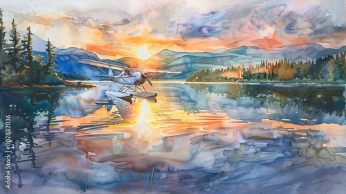 Watercolor painting of a lone 1930s seaplane landing on a tranquil lake at sunset, the warm hues reflecting a golden era of adventurous spirit