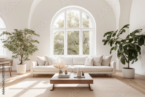 Modern living room interior with white sofa  coffee table and arched window. Minimalist home design concept for mock up  template or background in neutral tones. AI generated