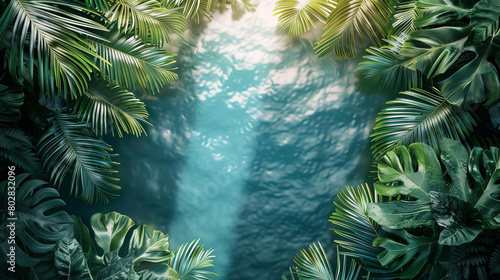 3d render azzure sea surface wirh sun reflections in the middle, surrounded by lush green tropical leaves and palms . top view, flat lay. space for text or product mockup. nature concept

 photo