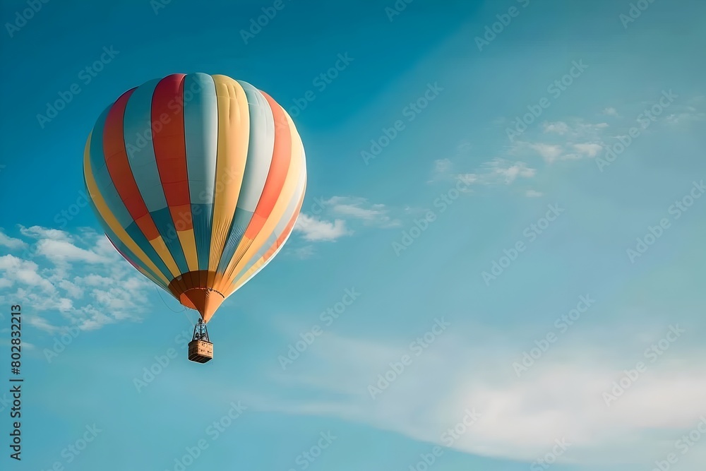 Fototapeta premium Whimsical Hot Air Balloon Drifting Across a Tranquil Blue Sky with Fluffy White Clouds