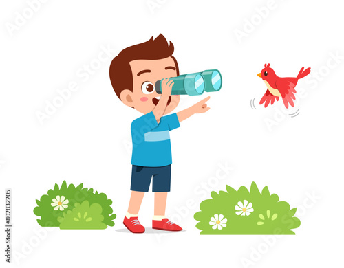 little kid use binocular to see bird fly