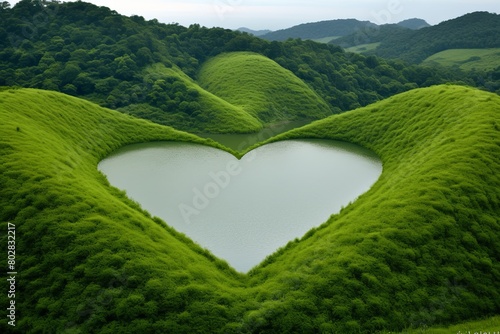 Heart Shaped Grass Field With Lake in the Middle photo