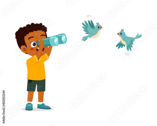 little kid use binocular to see bird fly