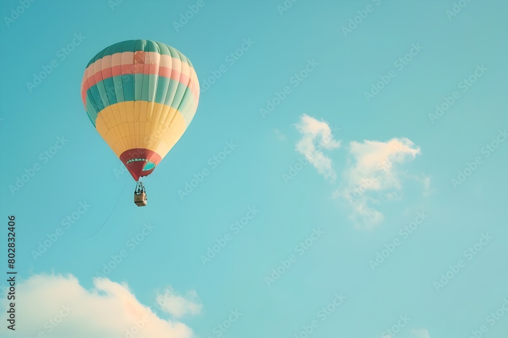 Fototapeta premium Colorful Hot Air Balloon Soaring Through Serene Clear Blue Sky on a Whimsical Aerial Adventure
