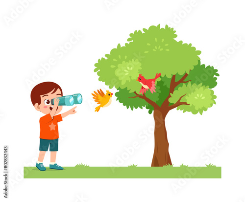 little kid use binocular to see bird fly