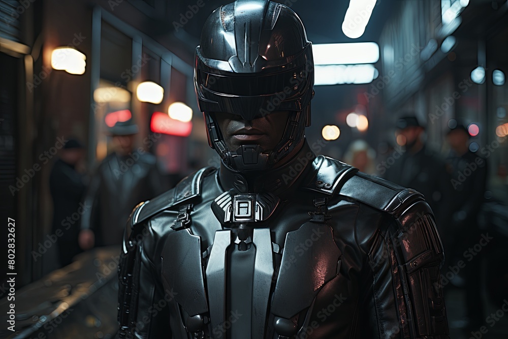Man in Suit and Helmet Standing in Hallway