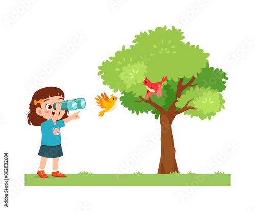 little kid use binocular to see bird fly