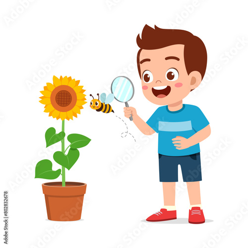 little kid use magnifying glass to observe bee