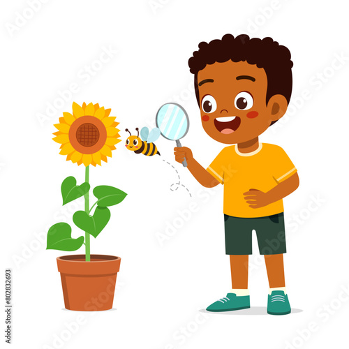 little kid use magnifying glass to observe bee