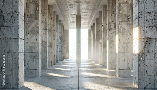Abstract architecture background hall with stone columns and window light. Concrete texture facade building scene. photo