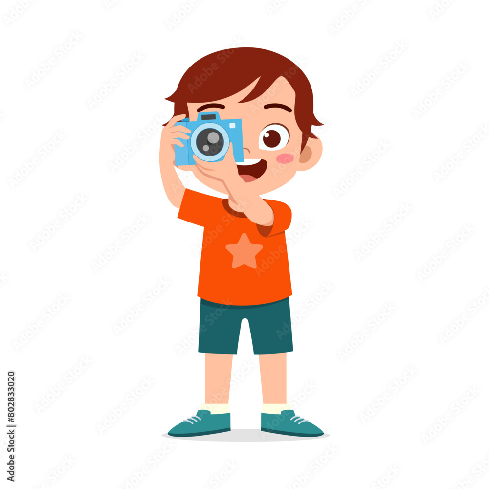 little kid holding camera and take photo