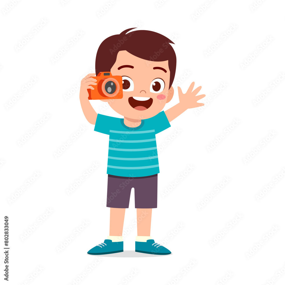 little kid holding camera and take photo