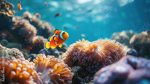 Exotic clownfish darting among coral reefs  copy space 