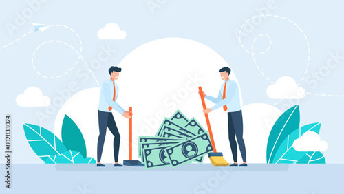 Two businessmen sweep money. Concept of wealth, shovel money, target, profitable business, profit. Metaphor. Tiny people, dollars, a broom, a scoop. Business and Finance. Vector illustration