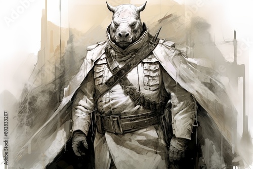 A Drawing of a Bull Dressed in a Military Outfit