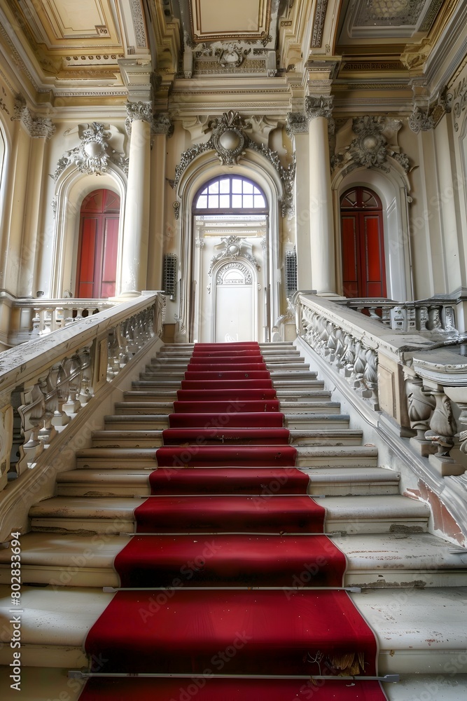 Obraz premium Impressive Grand Staircase with Ornate Architectural Details and Luxurious Red Velvet Runner in Elegant Palace or Mansion Entryway