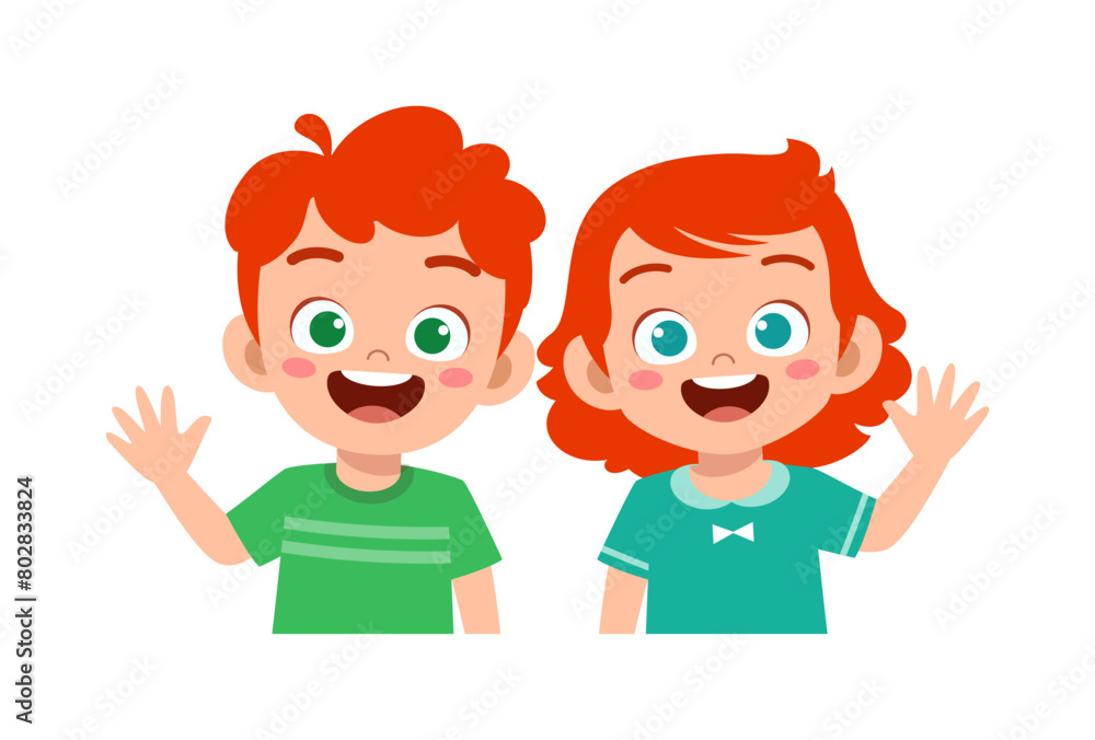 little kid with friend smile and waving hand little kid with friend smile and waving hand