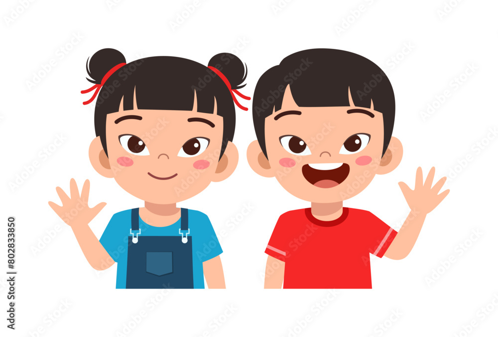 little kid with friend smile and waving hand little kid with friend smile and waving hand
