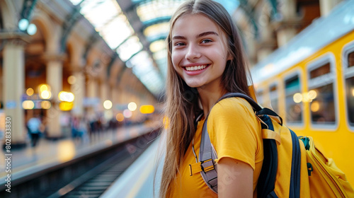 A smiling woman wearing a yellow shirt and backpack stands in front of a train station
