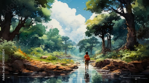 A Painting of a Person Walking Down a River