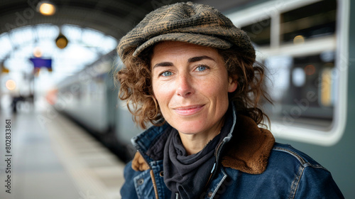 a woman wearing a hat stands in a train station.