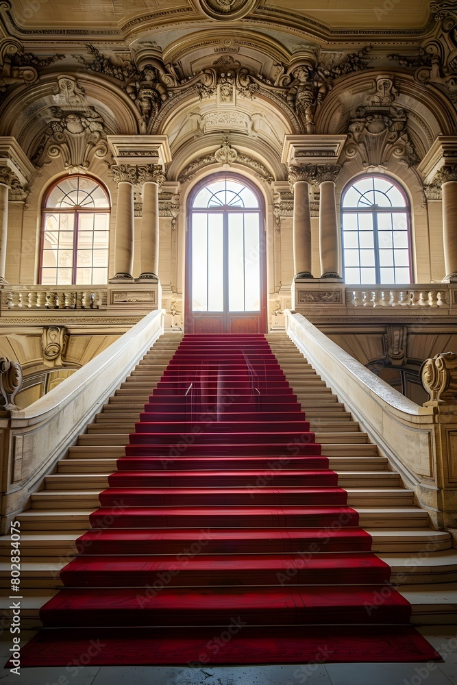Magnificent Grand Entrance Staircase with Ornate Architectural Details and Red Velvet Runner