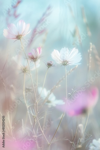 Wander through a field of cosmos in the early morning light, where delicate pink and white blossoms sway gently in the breeze, Generative AI