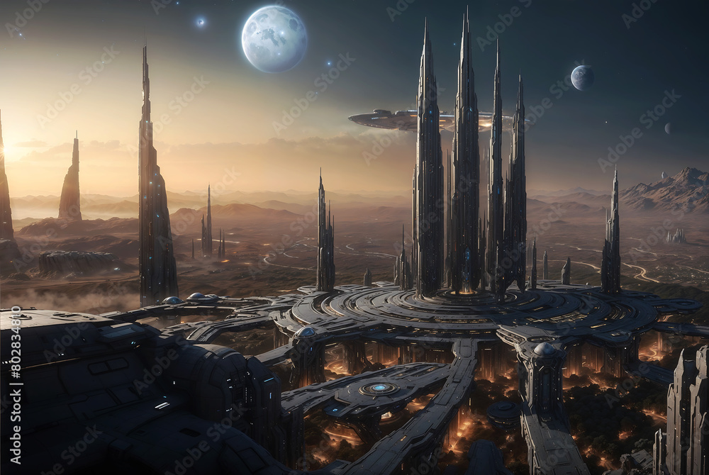 Advanced Intergalactic Metropolis on Barren World with Spaceship and Cosmic Backdrop