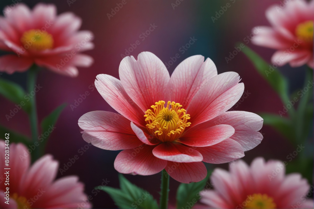 Bright close-up of a pink flower with dew drops, surrounded by greenery and other flowers