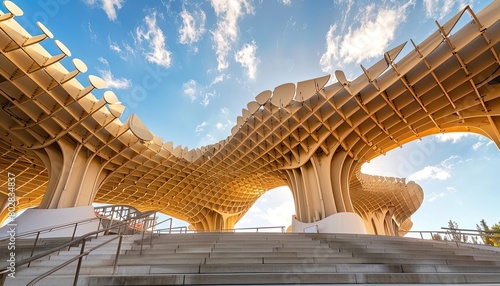 Contemporary symmetrical metropol parasol structure under sunny sky of seville