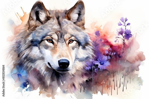 A Painting of a Wolf With Flowers in the Background photo