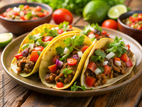 a close up of a plate of tacos on a wooden table