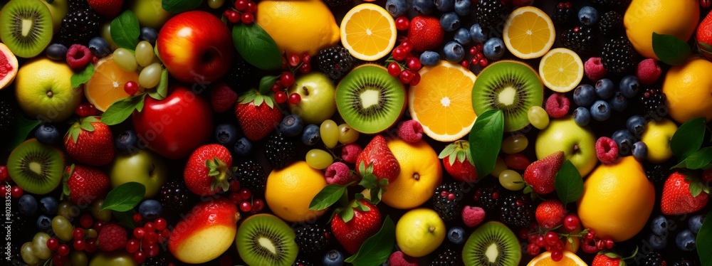 Many fresh fruits mix top down view from above. Many fresh fruits mix top down view from above.