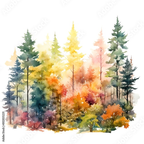 The watercolor painting shows a colorful forest with green, yellow, orange, red and purple trees.