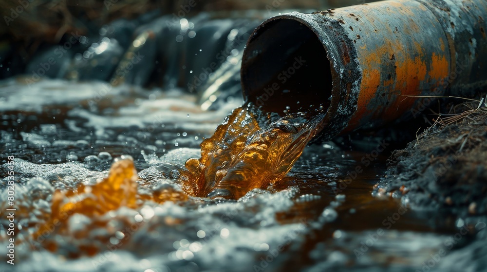 Sewage pipe discharging dirty water into the clean water of a river