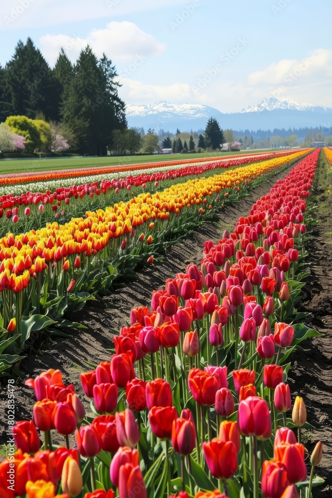 Wander through a field of tulips in full bloom, where rows of vibrant red, yellow, and orange flowers create a riot of color against the greenery, Generative AI