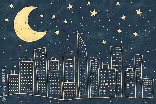 Cartoon cute doodles of a city skyline at night, with skyscrapers outlined against the glowing moon and stars, Generative AI