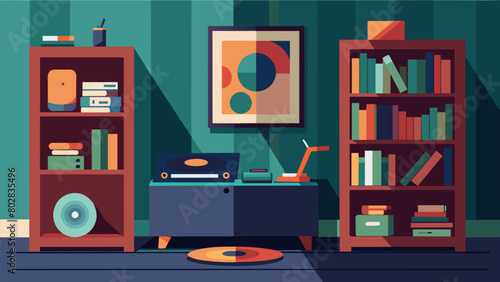 In the corner of the room a record player stands next to a small bookcase filled with music books and magazines showing the producers passion for all Vector illustration