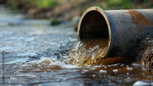 Sewage pipe discharging dirty water into the clean water of a river
