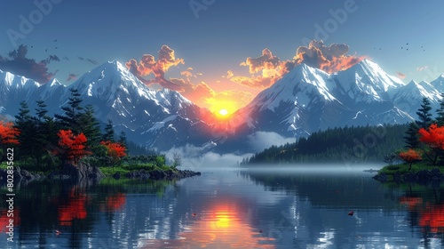 Majestic Mountain Sunrise Over a Misty Lake