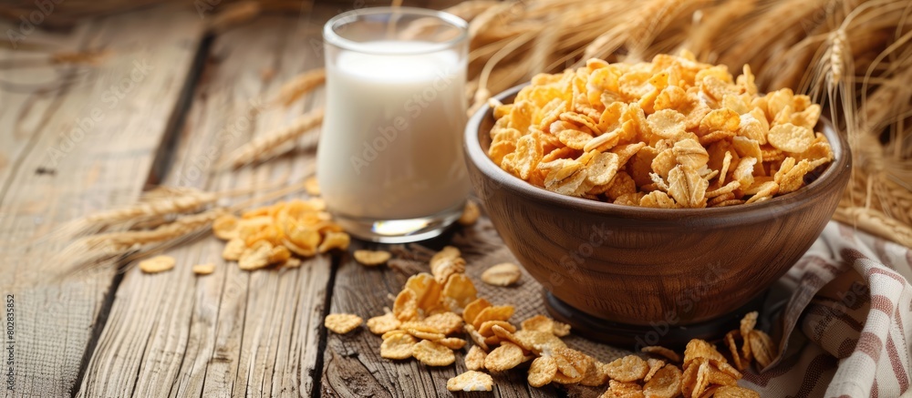 A bowl of cereal and a glass of milk are placed on the wooden table. A bowl of cereal and a glass of milk are placed on the wooden table.