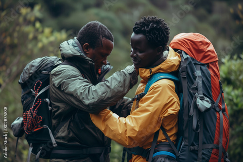 Photograph a trekker helping another adjust their backpack or gear, emphasizing the importance of practical assistance during long hikes.