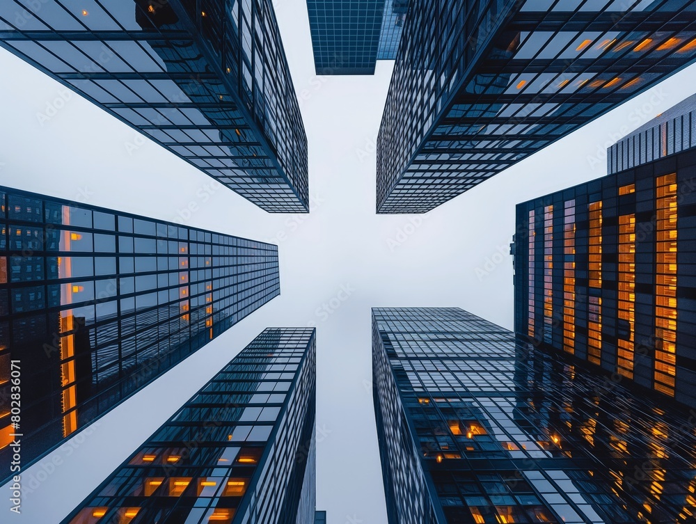 Looking up at towering skyscrapers converging into a misty sky, with illuminated windows piercing through the dusk.