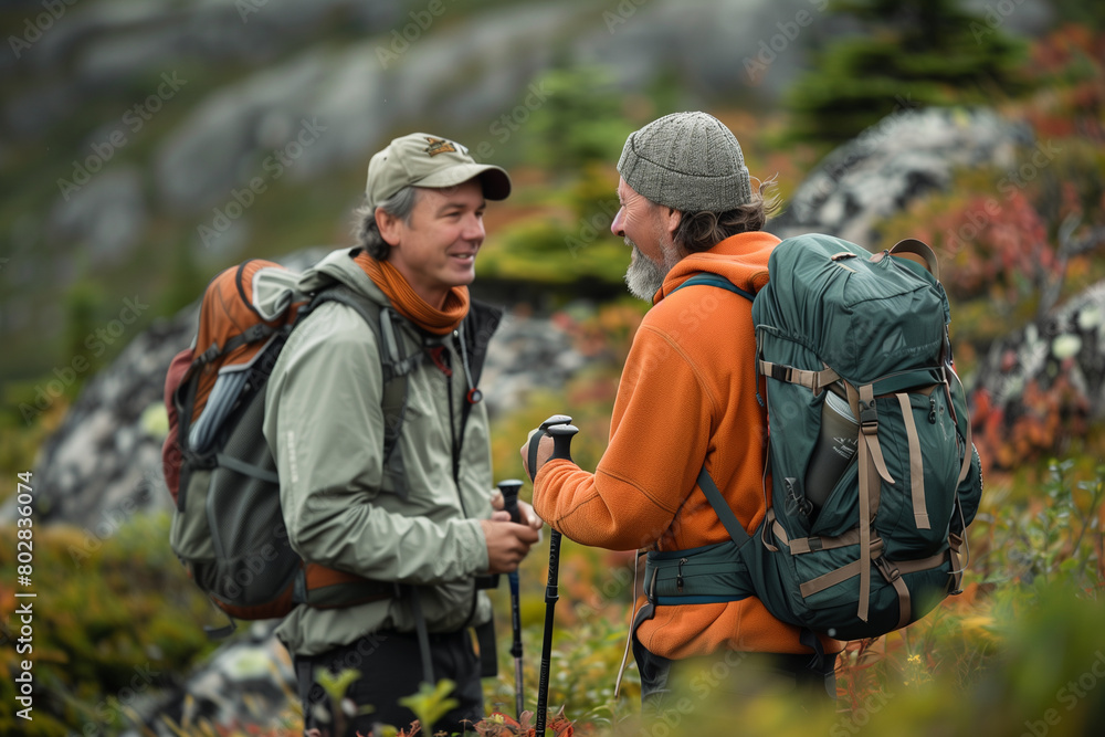 Capture the interaction between a knowledgeable guide and a hiker, as they navigate through rugged landscapes, emphasizing mentorship and mutual support.