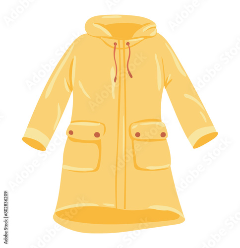 Yellow raincoat in flat design. Autumn or spring waterproof clothing. Vector illustration isolated.