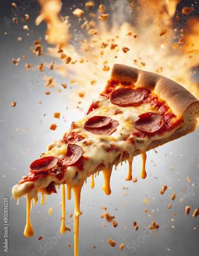 a piece of pizza slice, exploding ingredients and melting cheese 