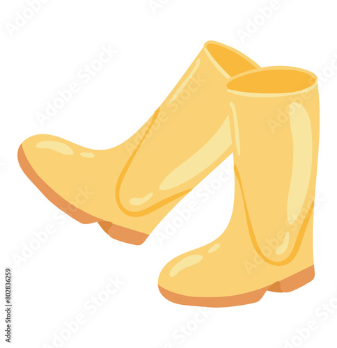 Yellow rubber boots in flat design. Seasonal waterproof footwear. Vector illustration isolated.