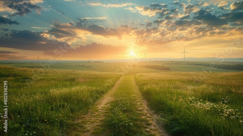 A path through a green meadow leads towards wind turbines on the horizon under a sunset sky, symbolizing renewable energy and sustainability